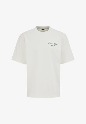 Weißes T-Shirt mit kurzen Ärmeln und dem Schriftzug "Leisure Court Club" in Schreibschrift auf der linken Brust, mit Rundhalsausschnitt und lockerem Schnitt.