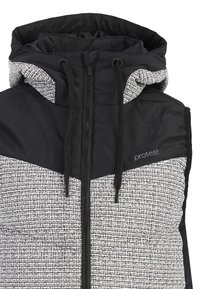 Zwarte en grijze puffer bodywarmer met een capuchon. Getextureerde stof op de onderste helft, gladde zwarte bovensectie en een voorzoom. Voorzien van trekkoorden en een logo.