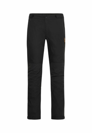 Pantalones exteriores negros con una textura suave, paneles de rodilla reforzados, bolsillo lateral con herrajes en contraste y puños ajustables.