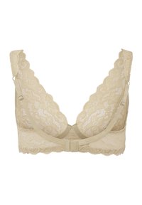 Valkoinen pitsibralette vaaleassa beigeväriä, jossa on aaltoileva reuna, V-muotoinen kaula-aukko, säädettävät hihnat ja hakaset selässä.