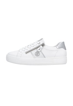 White leather sneaker with silver accents, featuring a side zipper and round toe. Thick white sole with textured detailing.