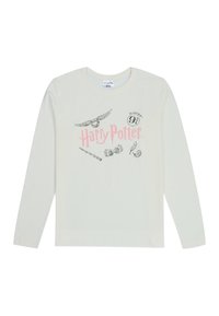 Langärmeliges, hellcremefarbenes Hemd mit einem pinken "Harry Potter"-Logo und schwarzen Grafiken eines Zauberstabs, Brille und einer Eule. Glatte Baumwolltextur.