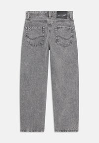 Gray denim jeans with a straight-leg design, featuring two back pockets, a black label at the waistband, and a raw hem finish.
