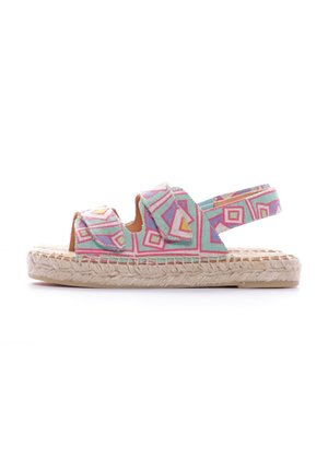 Sandale espadrille colorée avec une tige en toile à motifs bleus et formes géométriques roses, et une semelle en corde de jute naturel.