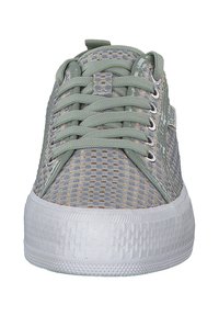 Light gray woven sneaker with a textured surface, green laces, and white rubber sole. Features metallic accents and a low-top design.