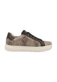 Sneakers con un upper in tessuto beige con motivo in pelle di serpente e dettagli in pelle marrone scuro. Presentano un design con lacci e una suola in gomma bianca.
