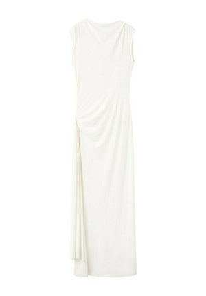 Mouwloze witte maxi-jurk met een gedrapeerd detail aan één zijde en een aansluitend silhouet.