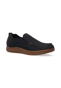 Granatowe buty slip-on z zamszowym wykończeniem, kontrastowymi szwami i gumową podeszwą. Posiadają niski profil i zaokrąglony czubek.