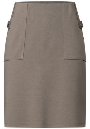 Gray woven skirt featuring a straight cut, front pockets with button accents, and a flat waistband. Suitable for various occasions.