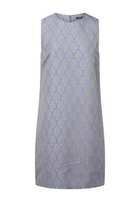 Robe sans manches bleu avec un motif de feuilles d'or texturé, dotée d'un col rond et d'une fermeture éclair dissimulée à l'arrière.