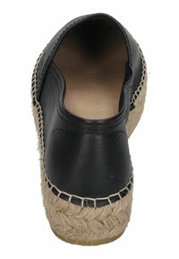 Black leather espadrille with a jute platform. Rounded toe, stitched accents, and smooth texture. Interior shows natural-colored lining.