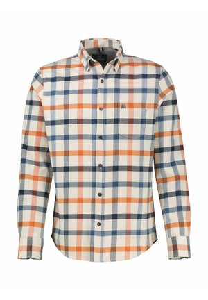Langarmhemd mit Knopfleiste im Karomuster in Blau-, Orange- und Beigetönen. Aus Baumwollstoff mit einer Brusttasche und Kragen.