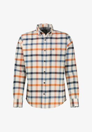 Koszula z długimi rękawami, zapinana na guziki, w kratę w odcieniach niebieskiego, pomarańczowego i beżowego. Bawełnowy materiał z kieszenią na piersi i kołnierzykiem.