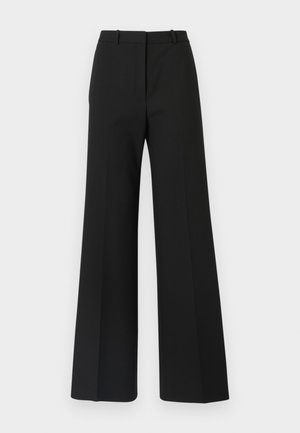 Black wide-leg trousers with a tailored design, featuring a smooth texture and subtle pleats at the front. No visible hardware or patterns.