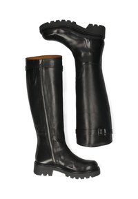 Botas de cuero negro hasta la rodilla con una superficie texturizada, cremalleras laterales y una suela resistente. Presenta hebillas decorativas en la parte superior.