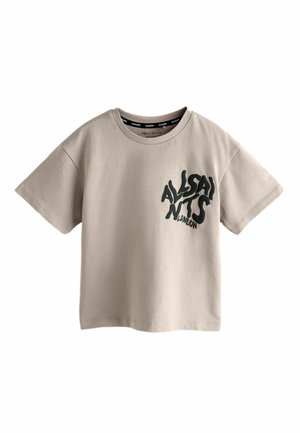Beige short-sleeve t-shirt with black distorted "ALLSAINTS LONDON" text on the left chest and a round neckline.