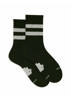 Calze di cotone verde scuro con strisce orizzontali bianche, caratterizzate da un design di rinoceronte grigio chiaro sulla punta e con bordi a costine.