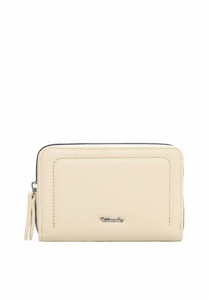 Portefeuille beige en cuir texturé avec fermeture éclair tout autour, double curseurs et petit logo de marque argenté centré sur le devant.