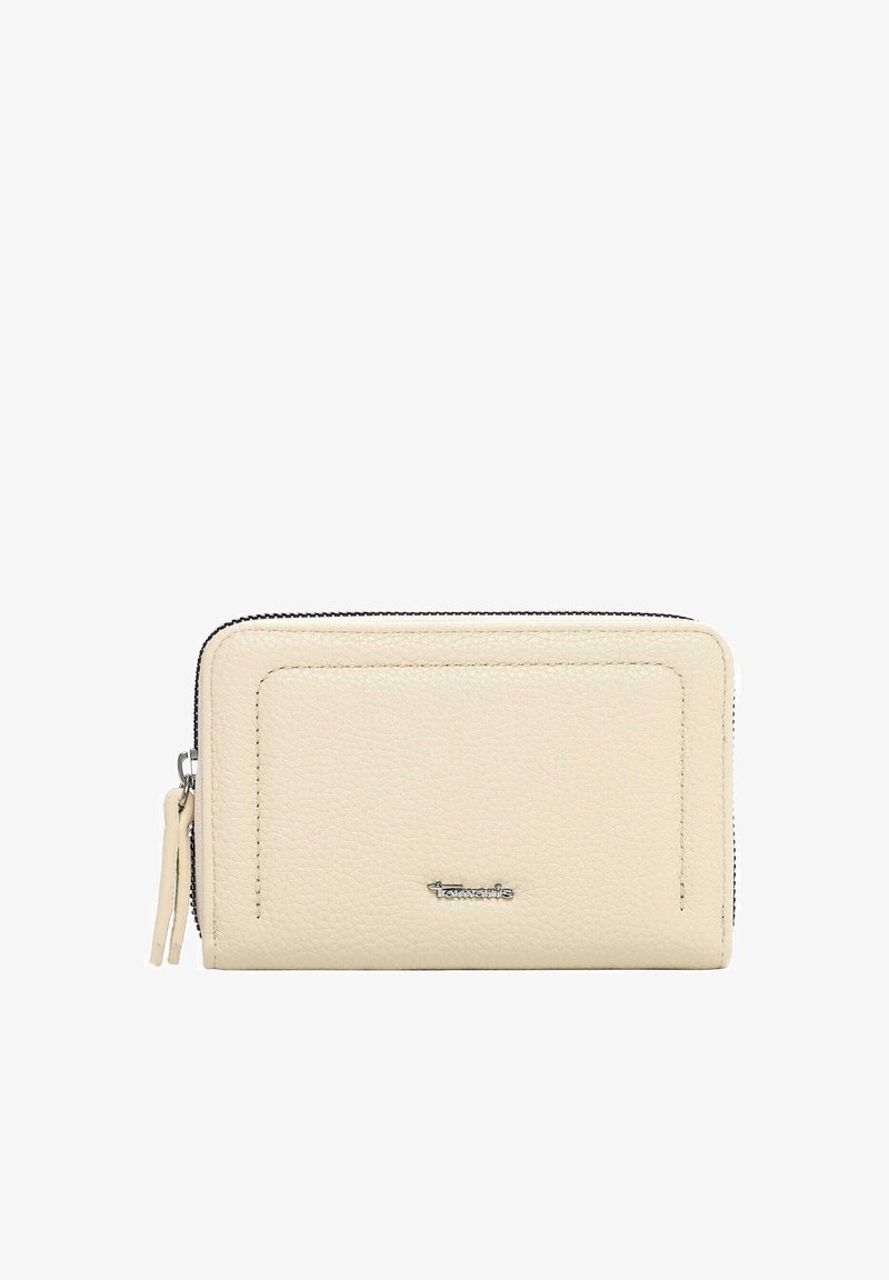 Cartera beige de cuero texturizado con cremallera que rodea, doble tirador y pequeño logo de plata de la marca centrado en el frente.
