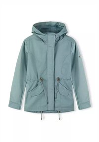 Jasnoniebieska casualowa kurtka z kapturem, z regulowanym paskiem w talii, dwoma przednimi kieszeniami i eleganckim wzornictwem. Wykonana z teksturowanego, trwałego materiału.