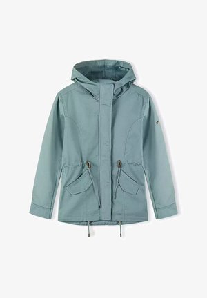 Jasnoniebieska casualowa kurtka z kapturem, z regulowanym paskiem w talii, dwoma przednimi kieszeniami i eleganckim wzornictwem. Wykonana z teksturowanego, trwałego materiału.