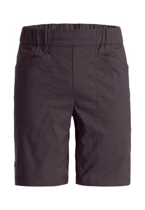 Dark brown knee-length shorts with elastic waistband and front pockets, designed for casual or outdoor wear.
