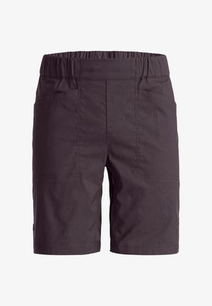 Dark brown knee-length shorts with elastic waistband and front pockets, designed for casual or outdoor wear.