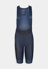 Navy sykkel-bibshorts laget av elastisk stoff, med polstret sete, mesh øvre del og svarte detaljer på beina og sidelommene.