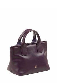 Borsa a tracolla viola in pelle con design strutturato, doppi manici e un piccolo logo sul davanti. Texture liscia con una finitura lucida.