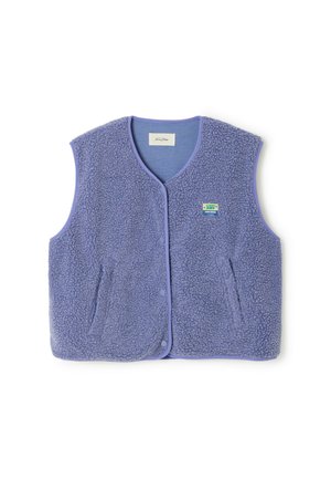Gilet en polaire violet avec une surface texturée, fermetures à pression à l'avant et deux poches latérales. Agrémenté d'une bordure contrastante violet clair.