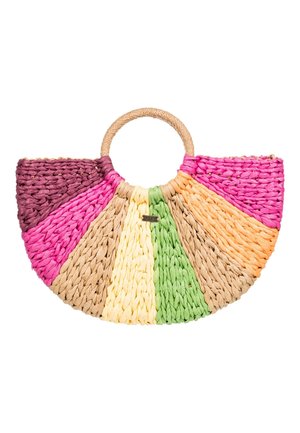 Półokrągła pleciona torebka z okrągłym uchwytem, z wielokolorowymi pionowymi panelami w kolorach różowym, fioletowym, beżowym, żółtym, zielonym i pomarańczowym.