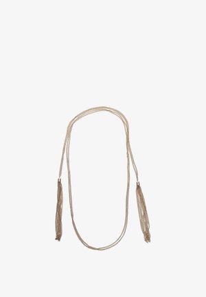 Metal necklace with two textured tassels at each end. The chain features a fine mesh design in a gold-tone finish.