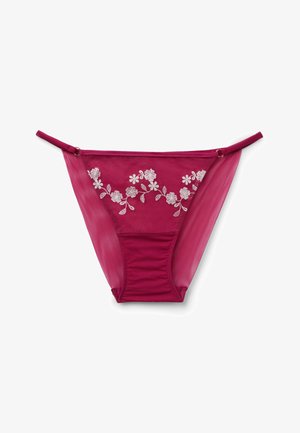 Ropa interior tipo bikini de color fucsia transparente con bordado floral blanco en la parte delantera y tiras laterales finas.