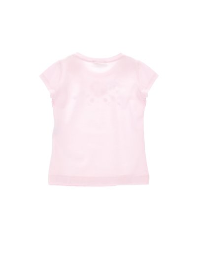 Απλό ροζ κοντομάνικο μπλουζάκι για νήπια, εμφανιζόμενο από πίσω, με στρογγυλή λαιμόκοψη και απλές ραφές.
