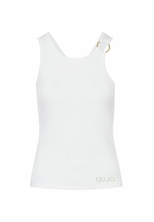 Valkoinen hihaton ribbineulottu toppi, jossa on yksi olkaremmi, jossa kullanvärinen rengasdetaili ja pieni kullanvärinen "LIU JO"-logo alaosassa.