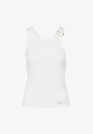 Valkoinen hihaton ribbineulottu toppi, jossa on yksi olkaremmi, jossa kullanvärinen rengasdetaili ja pieni kullanvärinen "LIU JO"-logo alaosassa.