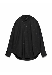 Camicia nera con colletto, caratterizzata da una vestibilità ampia e piccole decorazioni bianche sparse. Tessuto morbido con maniche lunghe e orlo arrotondato.