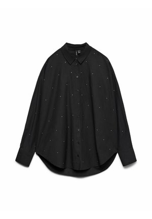 Camicia nera con colletto, caratterizzata da una vestibilità ampia e piccole decorazioni bianche sparse. Tessuto morbido con maniche lunghe e orlo arrotondato.