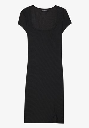Black ribbed dress with short cap sleeves, a square neckline, and a side slit at the hem. Made of a soft, stretchy fabric.