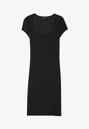 Black ribbed dress with short cap sleeves, a square neckline, and a side slit at the hem. Made of a soft, stretchy fabric.
