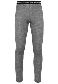 Graue athletische Leggings mit glatter Textur, ausgestattet mit einem schwarzen Bund, der mit "OUTDOOR SPORTS" beschriftet ist, und einem figurbetonten Design.