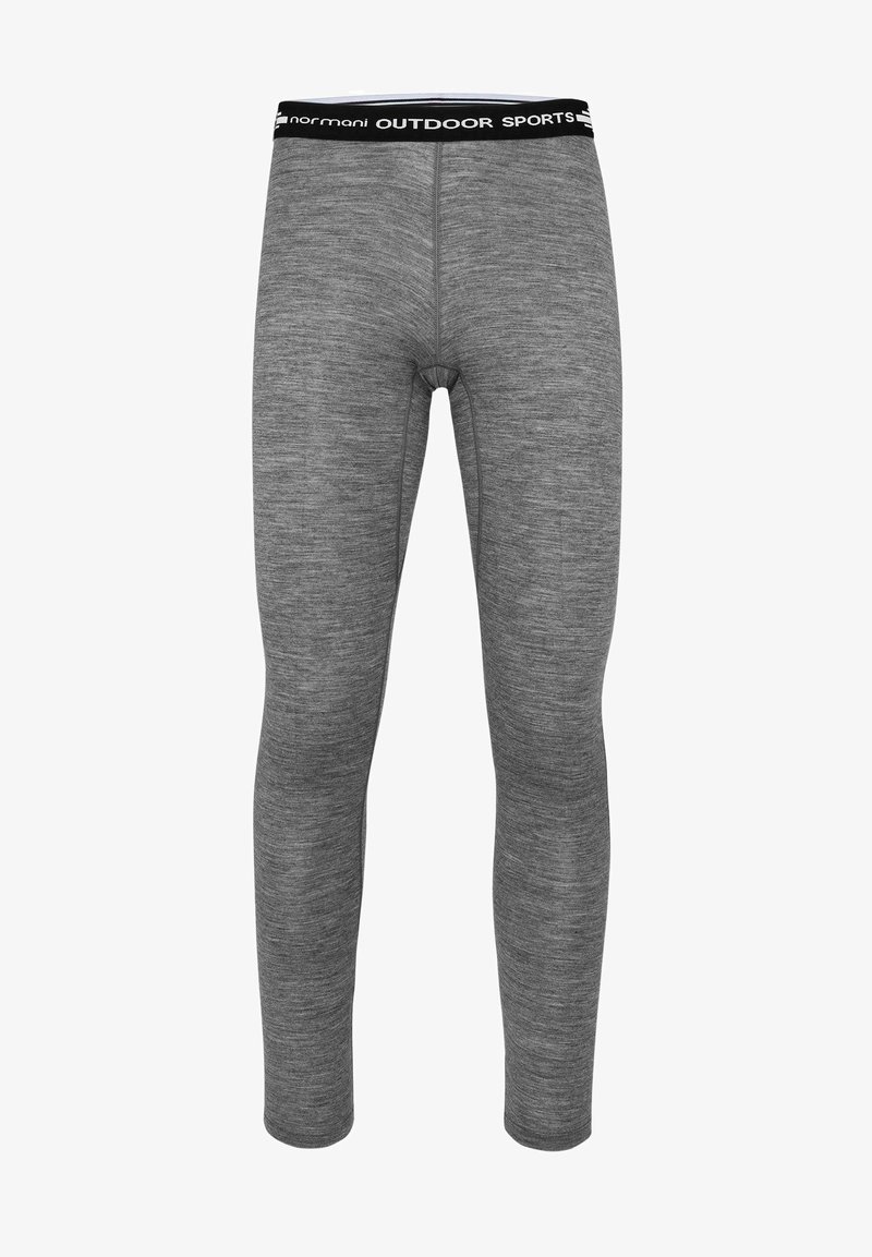Graue athletische Leggings mit glatter Textur, ausgestattet mit einem schwarzen Bund, der mit "OUTDOOR SPORTS" beschriftet ist, und einem figurbetonten Design.