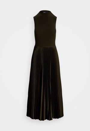 Ärmelloses dunkelgrünes Kleid mit geripptem Stricktop und hohem Ausschnitt, mit plissiertem Midirock.