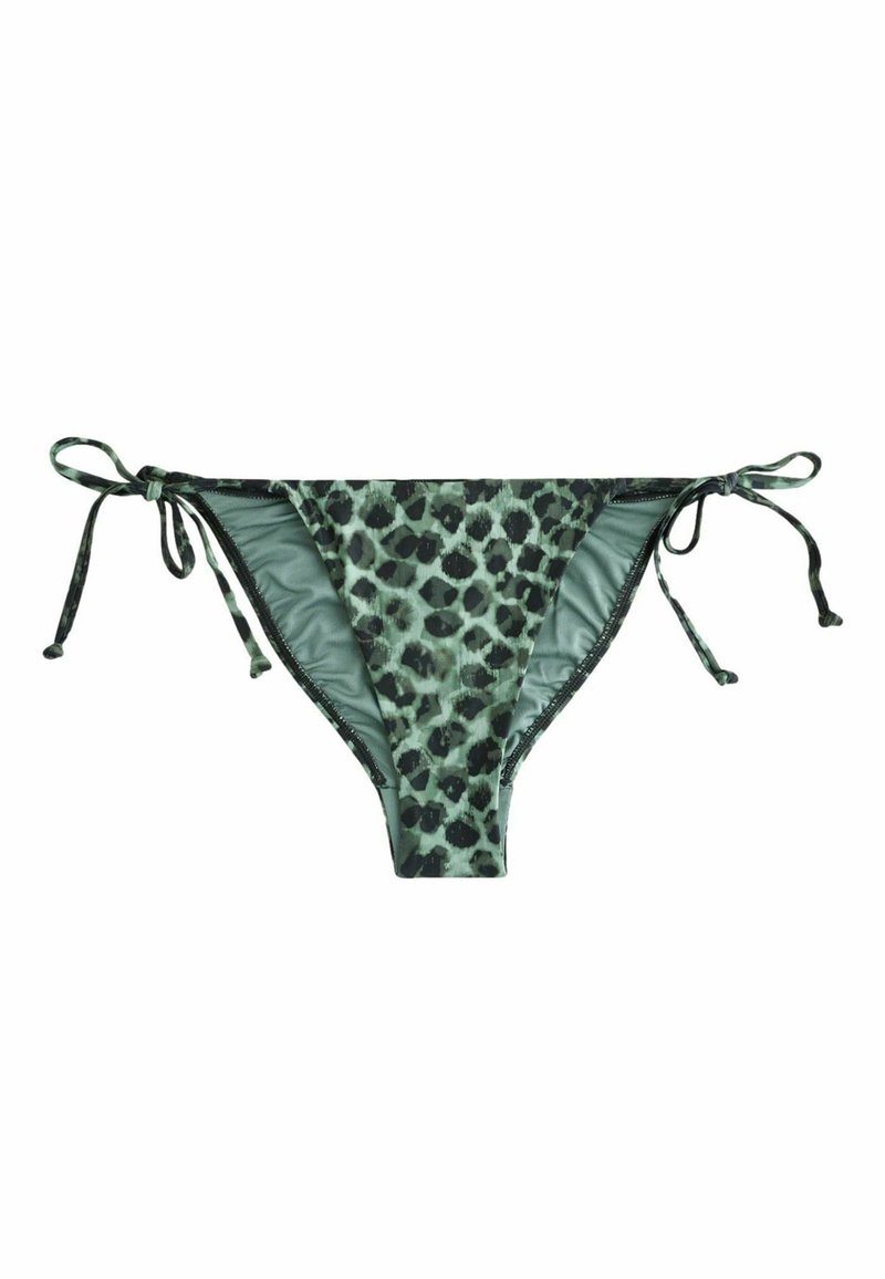 Culotte de bikini à imprimé léopard en vert et noir, avec côtés à nouer réglables, texture froncée et doublure intérieure lisse.