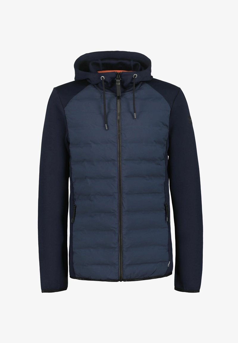 Marineblaue Kapuzenjacke mit gesteppter Vorderseite, durchgehendem Reißverschluss, zwei Reißverschlusstaschen an den Seiten und größenverstellbarer Kapuze mit Kordelzug.