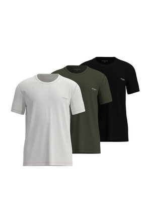 Three plain short-sleeve crew neck t-shirts in white, olive green, and black, each with small branding on the chest.