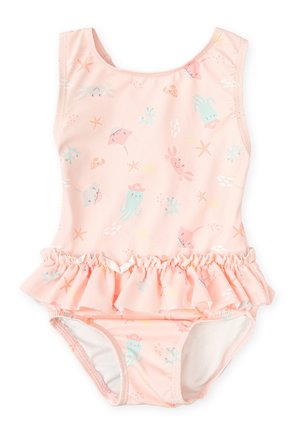 Bañador de una pieza rosa con bajo con volantes, con estampados coloridos de criaturas marinas y estrellas de mar. Hecho de material suave y elástico.