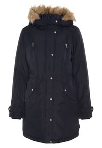 Námořnická pufovaná bunda s kapucí podloženou umělou kožešinou, předními zipovými kapsami, patentkami a uvolněným střihem. Hladký materiál s izolačním polstrováním.