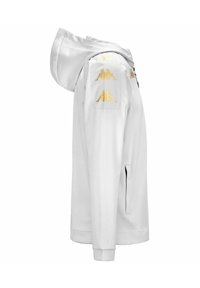Felpa bianca con cappuccio e texture liscia, caratterizzata da loghi Kappa dorati sulle maniche e una tasca con zip sul davanti.