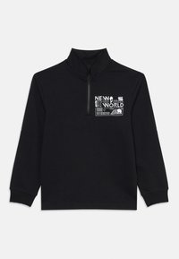 Sudadera negra con cremallera que presenta una impresión gráfica con el texto "NUEVO MUNDO" y diseños geométricos en la parte frontal.